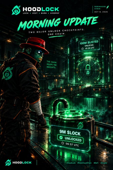 A 'Morning Update' graphic for HOODLOCK token showing 'TWO MAJOR UNLOCK CHECKPOINTS. ONE CHAIN.' with a character in a red hat watching vault-style unlock animations, listing $100M and $9M unlocks with timestamps, dated Oct 8, 2026.