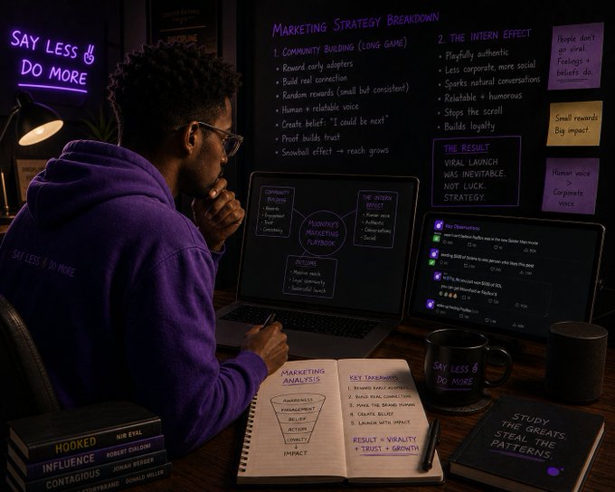 A neon-lit scene showing a person in a purple hoodie analyzing a 'Marketing Strategy Breakdown' on screens, with notes on community building, 'The Intern Effect,' and viral launch strategies.