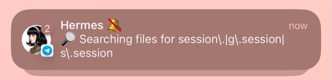 A screenshot of a Telegram message from 'Hermes' that reads 'Searching files for session\.g|\.session|s\.session'.