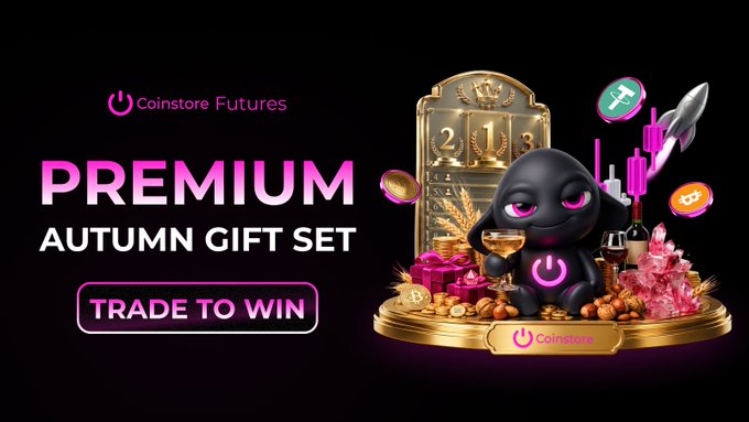 The image is a promotional advertisement for "Coinstore Futures" featuring a "Premium Autumn Gift Set" with the tagline "Trade to Win." It showcases a festive display with a black mascot character surrounded by luxury items, a calendar marked 2018, champagne, gold coins, a rocket ship, and various crypto-themed icons, aligning with the post's announcement of a leaderboard event where users can win up to 7,000 in ultra-luxury grand prizes.