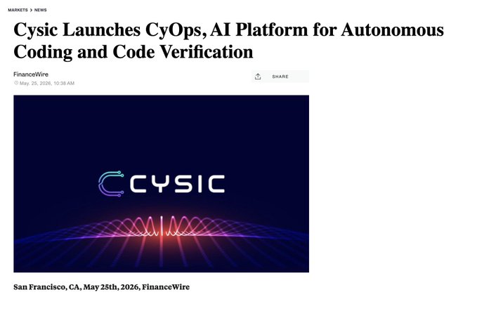 The image shows a screenshot from a news website, which displays an article about Cyops launching Cyponics' AI platform for automated coding and code verification. The headline of the article reads "Cyops Launches Cyponics Cyponics Cyponics Cyponics".