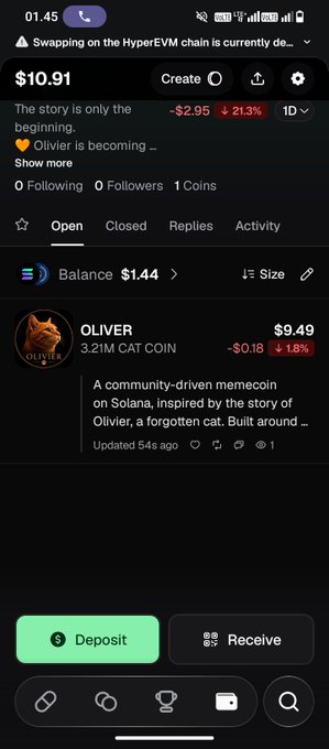 A cryptocurrency app screenshot showing a balance of $10.91 and the 'OLIVER' memecoin ($9.49), described as 'A community-driven memecoin on Solana, inspired by the story of Olivier, a forgotten cat.'