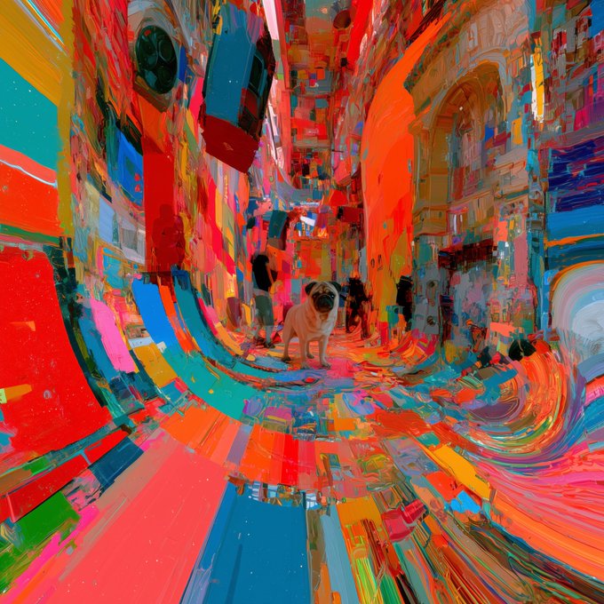 A small pug stands in the center of a swirling, abstract tunnel painted with bold strokes of red, orange, blue, and yellow.