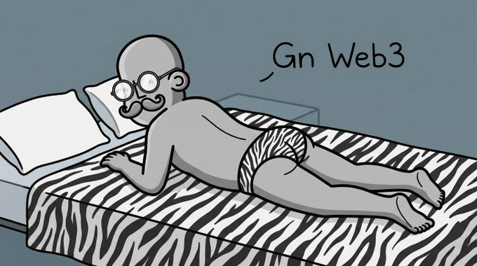 A cartoon illustration of a bald man with glasses, a mustache, and zebra-print underwear lying face-down on a zebra-patterned bed, with the text 'Gn Web3'.