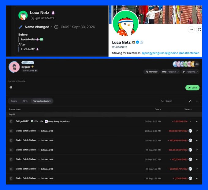 The image shows Luca Netz's X profile with the Abstract branding removed from his username (changed from "Luca-Netz🟪" to "Luca Netz"), alongside a crypto wallet transaction history from address 0x9bda...d416 that displays multiple "Called Batch Call on" entries resulting in large negative balances of PENGU tokens (totaling over 387,000 PENGU), supporting the speculation that Abstract may be shutting down.