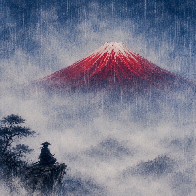 A Japanese-style painting depicting a lone samurai overlooking a vibrant red Mount Fuji in the rain.