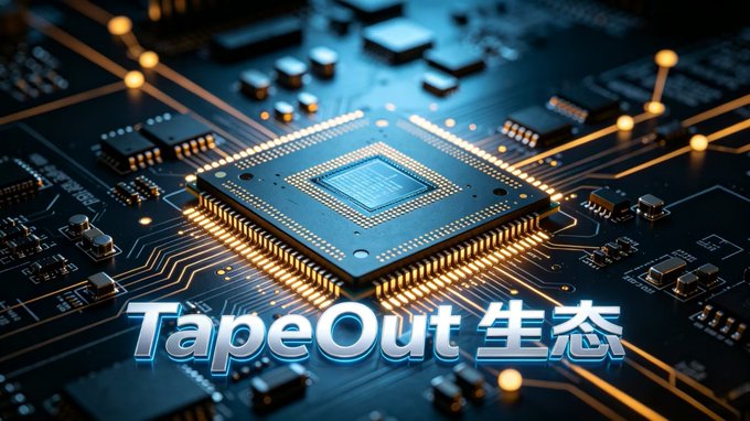 A computer chip on a circuit board with glowing orange accents, overlaid with the text 'TapeOut 生态' (TapeOut Ecosystem).