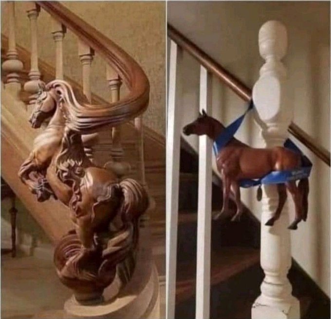 A side-by-side comparison of expectations vs. reality: an ornately carved wooden horse staircase banister versus a much simpler version using a toy horse zip-tied to the newel post.