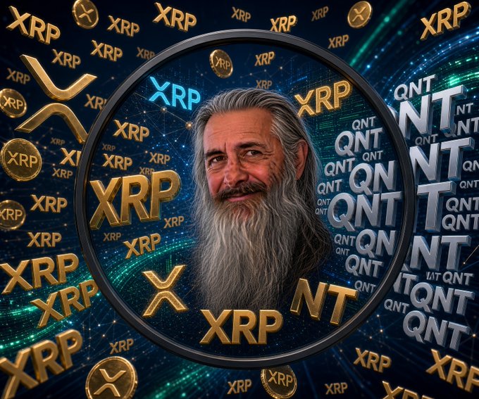 A digitally rendered image showing a bearded man inside a circular emblem, surrounded by floating gold XRP coins and silver QNT text, set against a starry blue digital background.