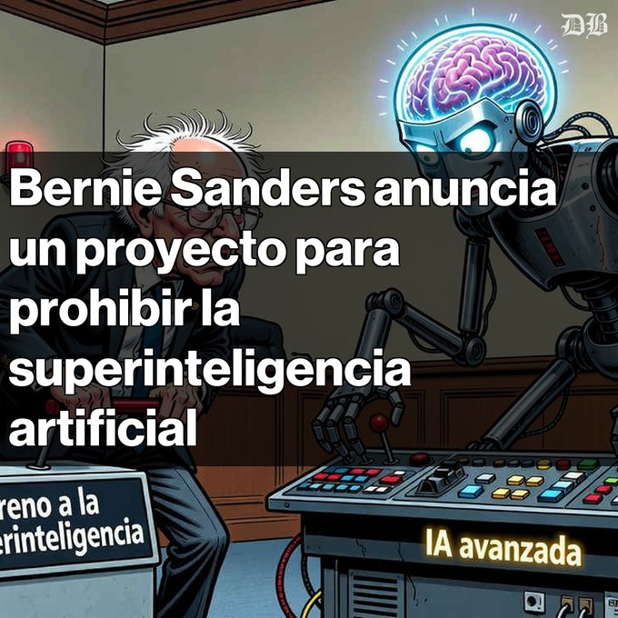 A cartoon illustration shows Bernie Sanders pulling a lever labeled 'fren o a la superinteligencia' to push a button on a control panel labeled 'IA avanzada', operated by a robot with an exposed glowing brain; overlaid text reads 'Bernie Sanders anuncia un proyecto para prohibir la superinteligencia artificial'.