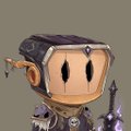 A Funko Pop-style figurine of a character with large eyes, wearing a detailed dark outfit with orange accents and a helmet.
