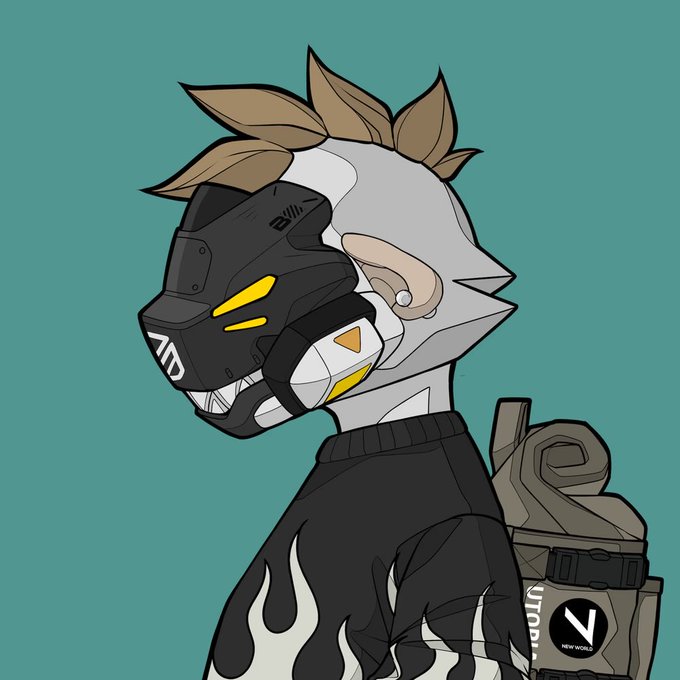 An anime-style character with white hair wears a black futuristic mask with yellow glowing eyes, a black sweater with flame designs, and carries a backpack featuring a "V NEW WORLD" logo.