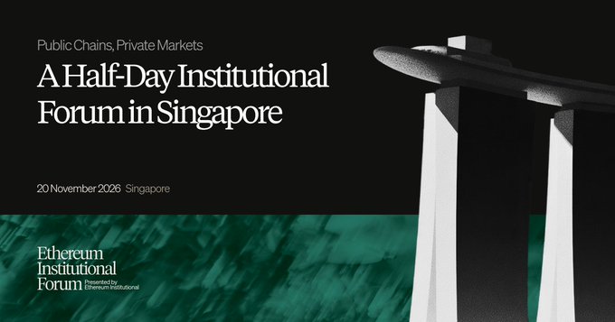 Promotional banner for the "Ethereum Institutional Forum" — a half-day institutional forum titled "Public Chains, Private Markets," held 20 November 2026 in Singapore and presented by Ethereum Institutional, featuring the Singapore Merlion statue beside stylized green typography.