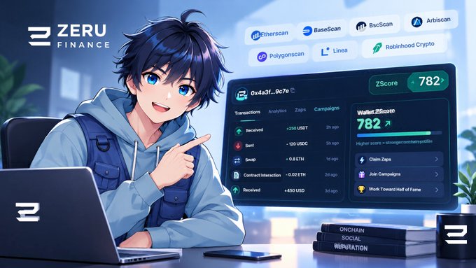 Promotional illustration for 'ZERU FINANCE' featuring an anime-style character pointing at a dashboard that displays a 'ZScore' of 782 and 'Wallet ZScore' alongside transaction details for address 0x4a3f...0c7e.