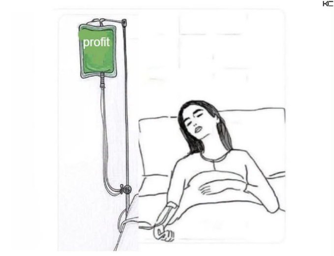 An illustration depicts a sick person lying in a hospital bed receiving an IV drip, with the green fluid bag humorously labeled "profit".