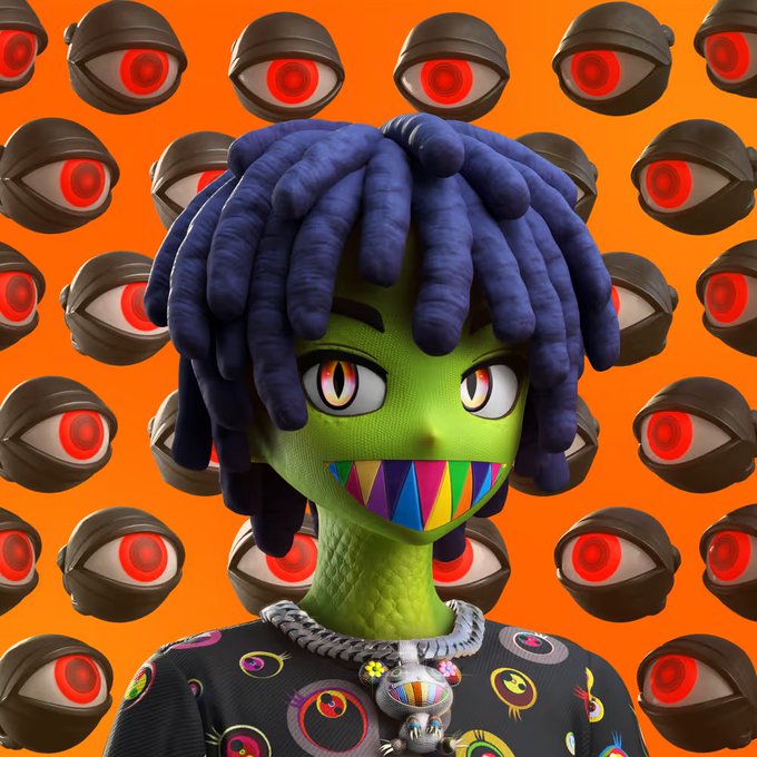 A 3D-rendered character with green skin, blue dreadlocks, cat-like vertical pupils, and a colorful striped smile, wearing a patterned black shirt and chain necklace, set against an orange background filled with rows of red-eyed surveillance cameras.