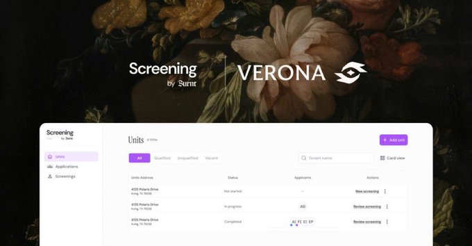 A webpage header for 'Screening by Surre | VERONA' set against a dark floral background, displaying a units table with status entries like 'Not started', 'In progress', and 'Completed' for 4125 Polaris Drive.