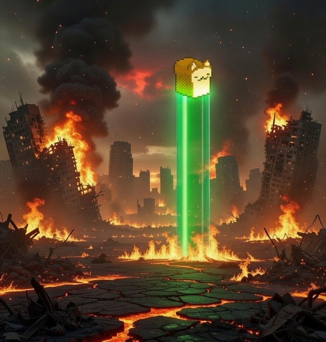 A post-apocalyptic scene of a destroyed city with burning buildings, cracked lava-filled ground, and a glowing green beam shooting upward into the sky topped with a pixelated yellow smiley face figure.