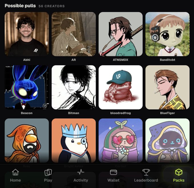 A "Possible pulls" screen displaying 56 creators' avatars in a grid, including Abhi, ATNSMDX, Banditxbt, Beacon, Bitman, bloodredfrog, BlueTiger, Bray, Bright Arena, Gerbhat, and Chudame, illustrating the available card packs that S1 creators can claim from the Pack Shop to reserve for the Fantasy Cup.