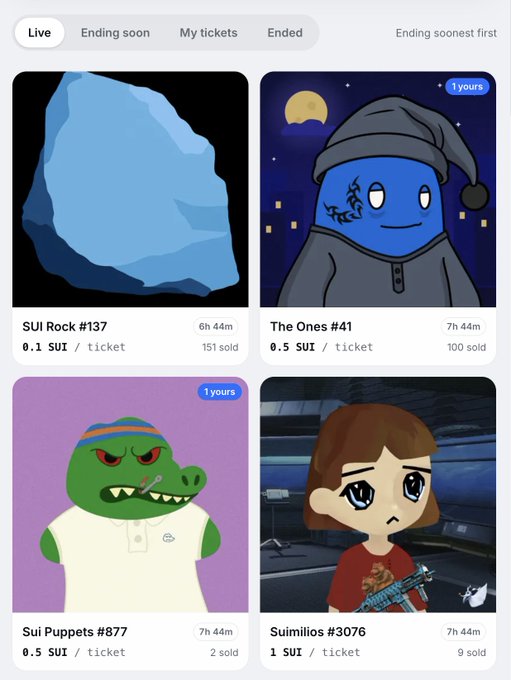 A mobile app interface showing NFT ticket listings for items including 'SUI Rock #137', 'The Ones #41', 'Sui Puppets #877', and 'Suimilios #3076' with prices in SUI cryptocurrency.