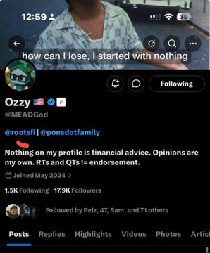The image shows Ozzy's (@MEADGod) X/Twitter profile, with a red arrow pointing to his tagline "@rootsfi @ponsdotfamily," highlighting the connection between $ROOTS and $PONS tokens referenced in the accompanying post.