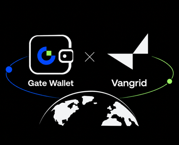 The image displays a collaboration graphic featuring the "Gate Wallet" logo alongside the "Vangrid" logo, separated by an "X" symbol and connected by orbiting lines above a stylized globe, visually representing the integration partnership highlighted in the post about expanding distribution and accessibility for the Vangrid network.