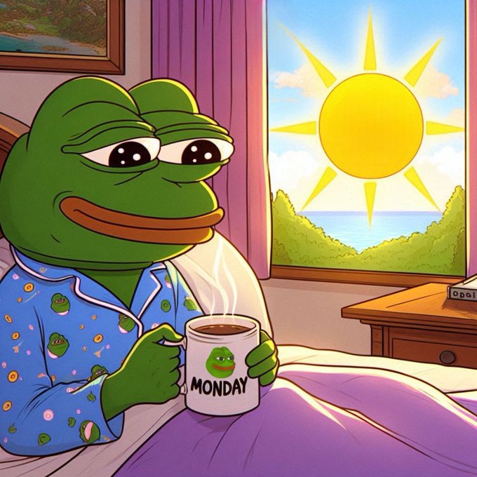 A sleepy-looking Pepe the Frog in pajamas sits in bed holding a steaming mug that reads "MONDAY" with a small Pepe on it, gazing toward a bright sunrise visible through a window. The cheerful, relaxed Monday morning vibe of the image serves as a lighthearted backdrop for a post about the Beldex Browser's privacy-focused History Destruction feature, subtly contrasting the casual start of the week with the serious topic of browsing trace elimination.