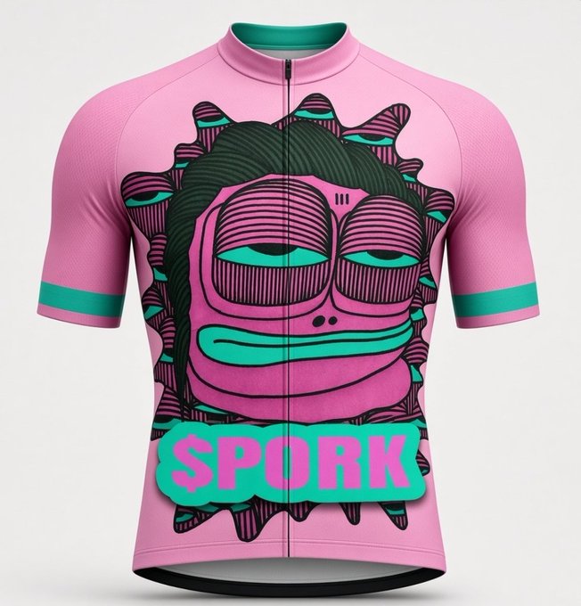 A pink short-sleeved cycling jersey featuring a cartoon tiki-style tribal mask face in pink and teal, with the word '$PORK' displayed prominently in a green banner at the bottom.