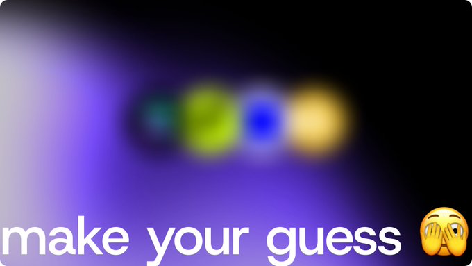 The image shows four blurred colored shapes (teal, yellow, blue, and orange) on a purple-to-black gradient background, with the text "make your guess" and a face-peeking-through-fingers emoji at the bottom. The blurred shapes tease a guess-the-companies challenge, playfully relating to the post's hint that "one chain was never the plan" by obscuring logos to prompt speculation about which brands (beyond just Robinhood) might be next.