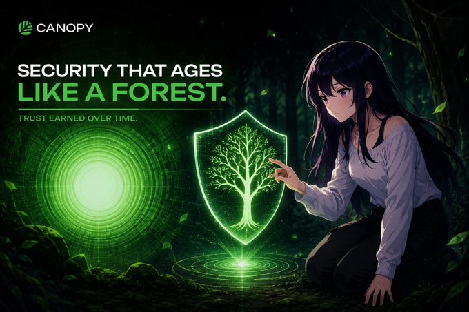 A Canopy promotional banner reading 'Security That Ages Like A Forest. Trust Earned Over Time.' featuring an anime-style woman in a dark forest with a glowing green shield emblem.