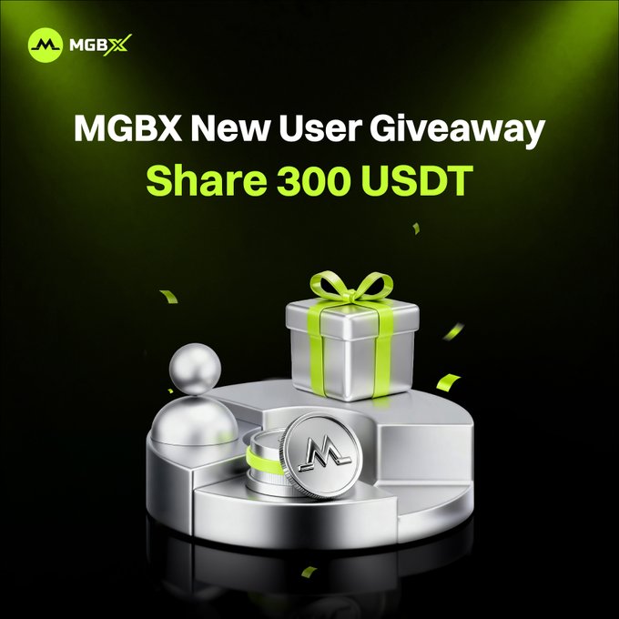 A promotional graphic for 'MGBX New User Giveaway' offering to 'Share 300 USDT', featuring a silver pedestal with a gift box and a coin bearing the MGBX logo against a green background.