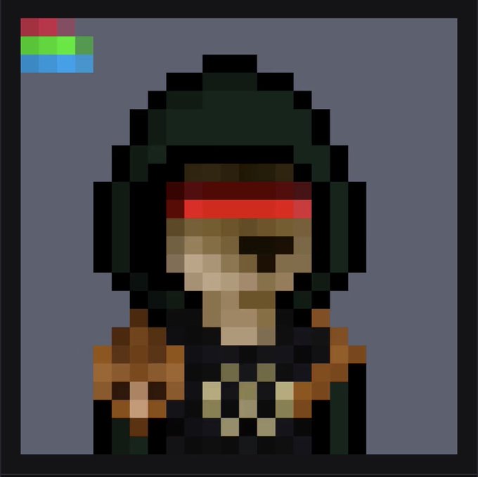 A pixel art NFT-style portrait of a character wearing a helmet with a red visor, featuring a small colored logo in the upper left corner.