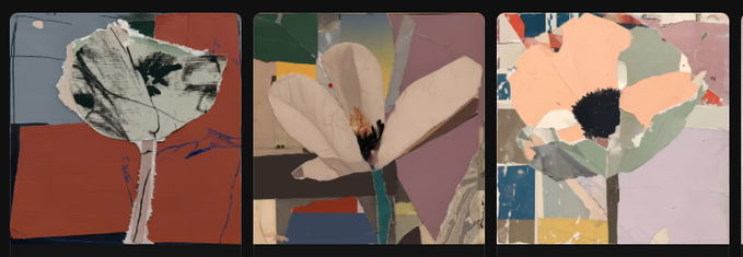 A triptych of three abstract, painterly flowers—a pale leaf-like bloom against blocks of blue and red, a white magnolia-style flower on a colorful geometric background, and a soft peach cosmos with a dark center surrounded by pastel patches—each rendered with mixed-media textures. The artworks visually correspond to the post announcing that "The Garden" NFT collection on OpenSea has fully bloomed, showcasing the diverse, colorful flower designs available in the series.