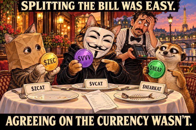 A digital illustration titled 'SPLITTING THE BILL WAS EASY. AGREEING ON THE CURRENCY WASN'T.' depicts a waiter and animal characters at a cafe table, with the central cat in a Guy Fawkes mask holding a coin labeled '$VVV'.
