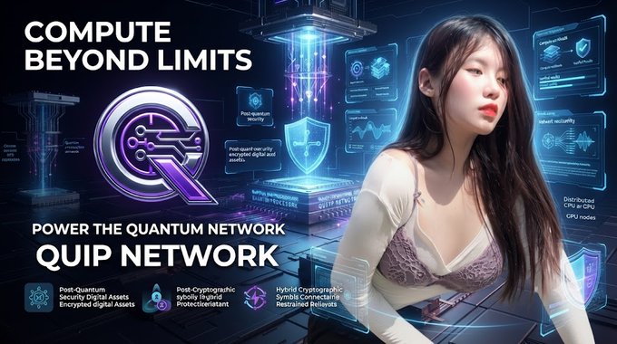 A digital promotional graphic featuring an Asian woman next to the text "COMPUTE BEYOND LIMITS," "POWER THE QUANTUM NETWORK," and "QUIP NETWORK," alongside futuristic security graphics and logos.