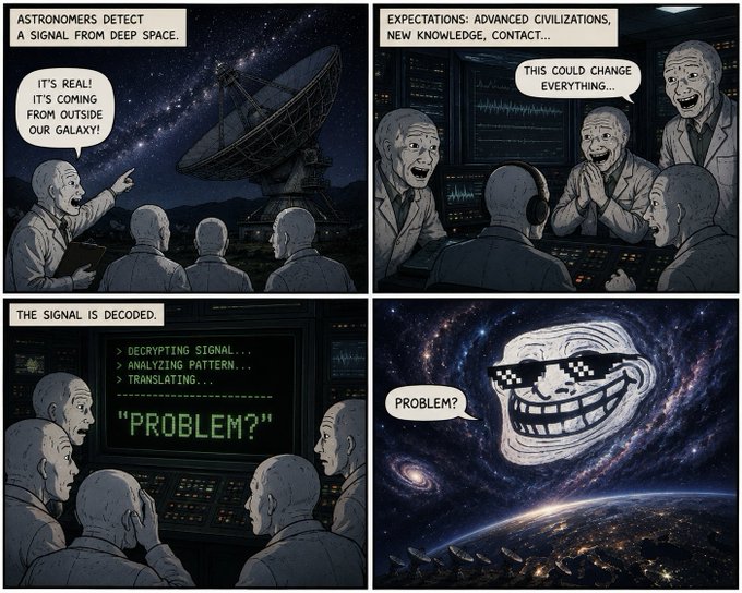 A four-panel comic depicting astronomers detecting a deep space signal, hoping for advanced civilization contact, only to decode "PROBLEM?" and discover a troll face in space.