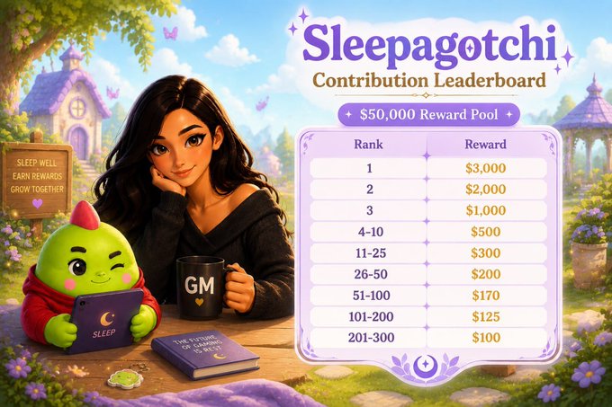 Sleepagotchi Contribution Leaderboard promotional graphic featuring an anime-style woman and a green mascot, showing a $50,000 reward pool with ranked prizes.