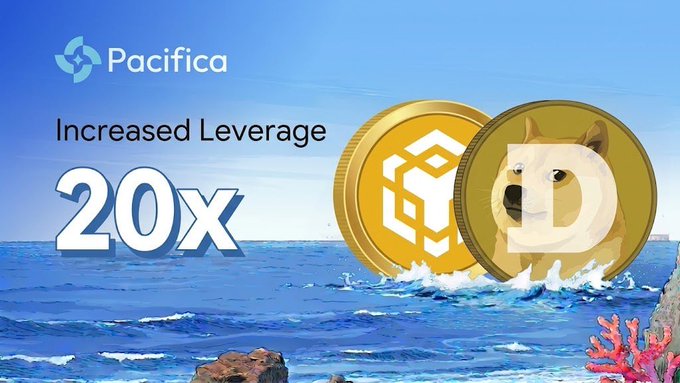 The image features a cartoon image of a dog standing next to two golden coins floating in water against an ocean backdrop with waves crashing onto the shoreline, as if they are being tossed by the sea currents. The phrase "Following community feedback, max leverage on BNB and DOGE has been increased to 20x Start trading: app.pacifica.fi/trade" is present within the image, giving a sense of context or background information about the scene depicted.