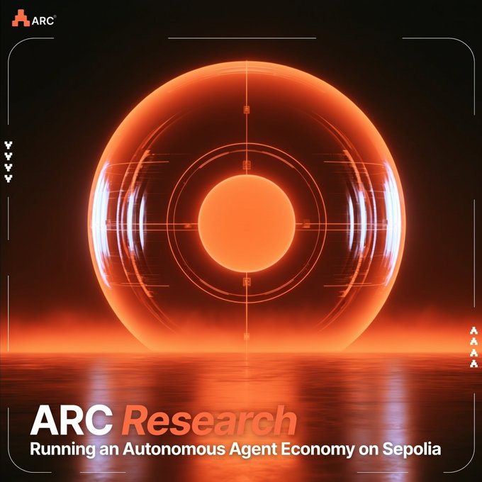 An orange, glowing sci-fi sphere graphic with 'ARC' branding, featuring the text 'ARC Research: Running an Autonomous Agent Economy on Sepolia'.