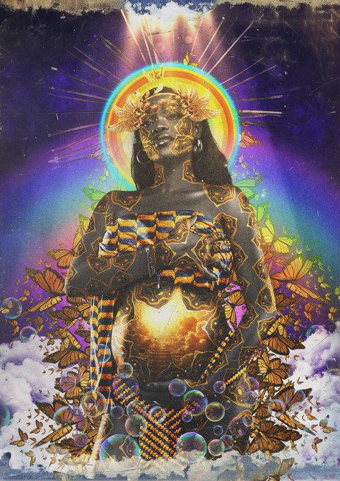 A vibrant digital collage features a woman with a glowing halo surrounded by monarch butterflies, bubbles, and cosmic imagery in purple and gold tones.