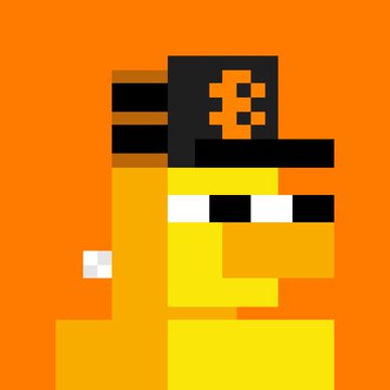 A simple pixel art drawing of a yellow character wearing a black cap with an orange symbol and black sunglasses against an orange background.