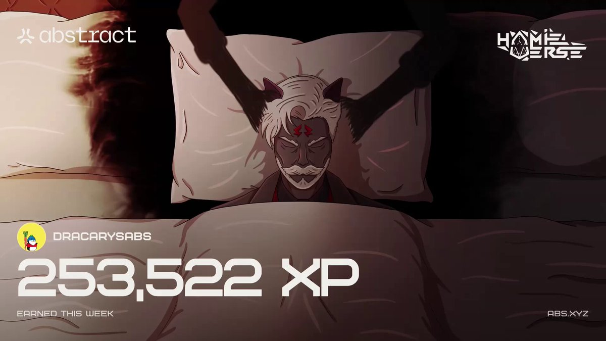 The image features a cartoon character with white hair wearing a mask, lying down on a bed with a pillow behind them. The text above the image reads "Happy XP Day Another @AbstractChain XP day is here! I earned a bit less compared to last week, but the grind never stops Time to keep building and pushing harder Also, don' forget to share your @hamieverse XP card".