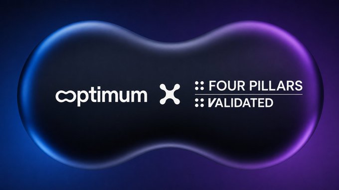 A dark, glossy, peanut-shaped 3D object illuminated with blue and purple neon lighting, displaying 'Optimum X' and 'Four Pillars Validated' branding.
