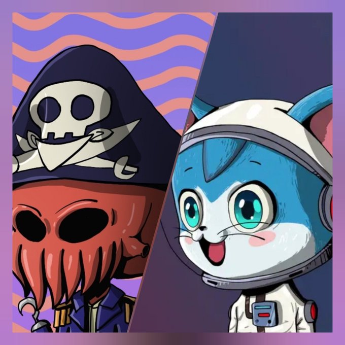 A stylized digital illustration split diagonally, showing a skeleton in a red octopus-like creature's hat on the left and a blue and white cat-like character in a spacesuit helmet on the right.