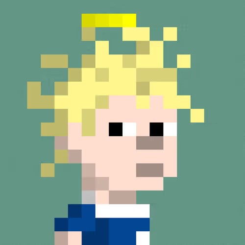 A pixel art portrait of a character with messy yellow hair, blocky black and white eyes, and gray cheek marks, wearing a blue and white shirt against a solid teal background.