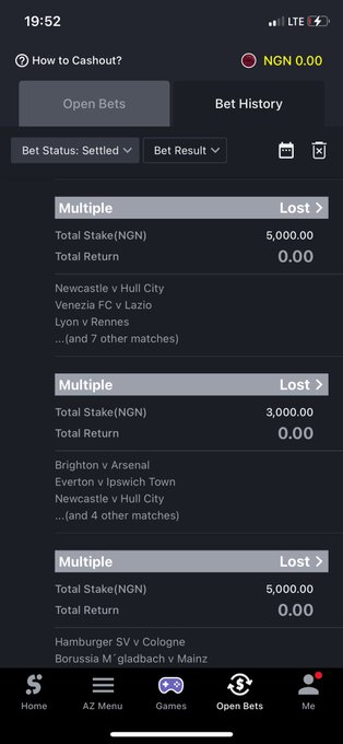 A sports betting app showing a 'Bet History' tab with multiple 'Lost' bets on football matches, including Newcastle v Hull City and Brighton v Arsenal.