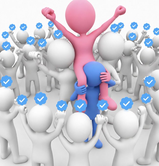 A pink figure is held aloft by a blue figure, surrounded by white figures who are all adorned with blue checkmarks, symbolizing verified accounts. This image visually represents the idea of gaining followers and achieving status, directly relating to the post's call to action for engagement.