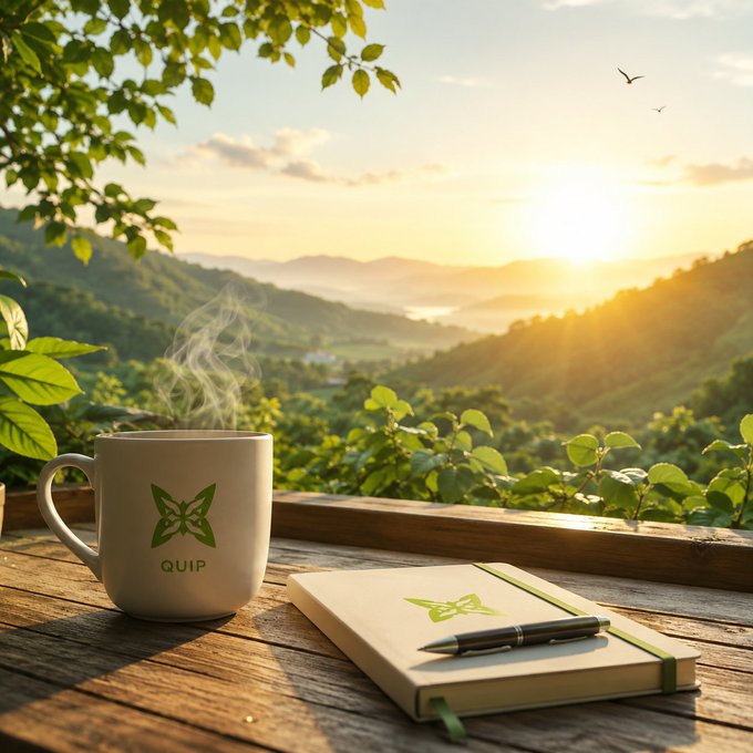 A digital illustration of a steaming white mug with a green logo and the word 'QUIP' resting on a wooden table next to a notebook and pen, overlooking a lush green valley at sunset.