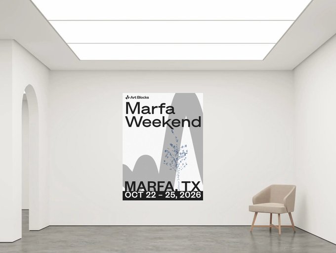 The image shows a white room with a poster hanging on the wall, which appears to be advertising an event or gathering. The poster features a mountain landscape design and includes the date "Oct 22 - 25 - 26 2020" at the bottom. A chair is placed in front of the poster, suggesting that attendees might be seated during the event.