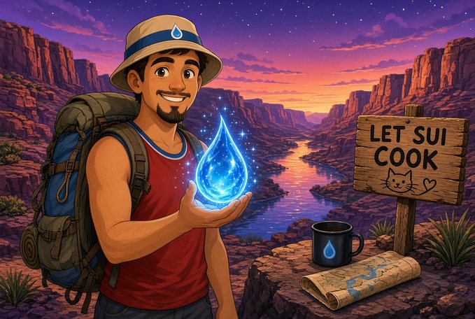 An animated illustration of a smiling hiker holding a glowing blue water droplet, with a sign reading 'LET SUI COOK' next to a cat drawing and a treasure map.